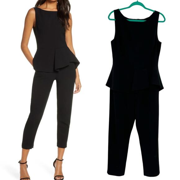 Black‎ Halo Kasia Peplum Cropped Jumpsuit Sleeveless Ruffle Black Size 12 - Picture 1 of 14